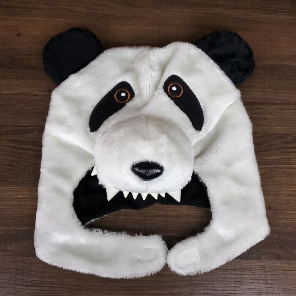 Panda Bear Hood Fur Hat Cap Youth Kids 3D Teeth Ears Nose Chin Strap New